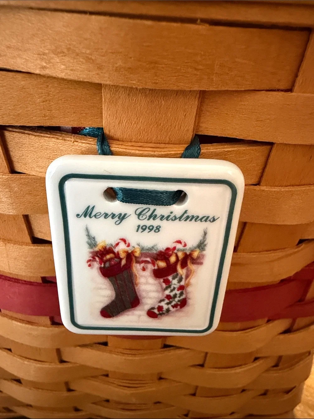 Longaberger Red Plaid Lined Natural Wood Handled Basket